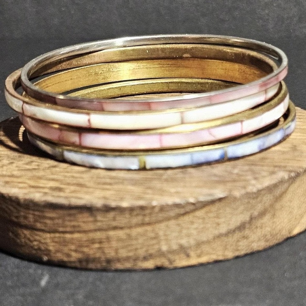 Vintage Mother of Pearl Inlay Bangle Bracelet Set Stackable Gold Silver Tone 5pc